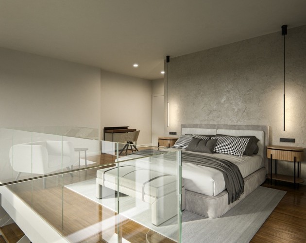 Dormitorio de lujo en el Dúplex I Loft Santiago, con decoración elegante y una experiencia de descanso única en Galicia.