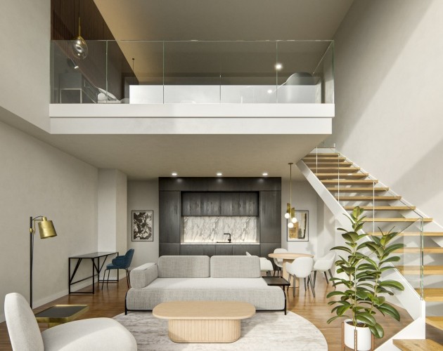 Salón de diseño en el Dúplex I Loft Santiago, con techos altos y una distribución moderna en el casco histórico de Santiago.